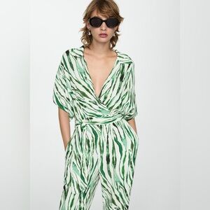 Mango green and white printed jumpsuit with bow NWT